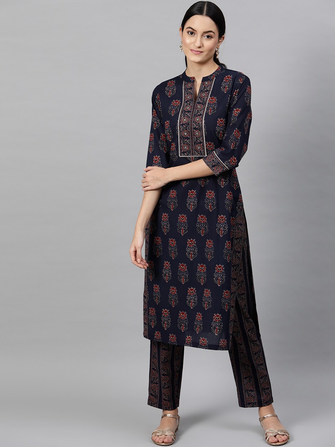 

indo street Ethnic Motifs Printed Sequinned Pure Cotton Kurta with Trousers, Navy blue