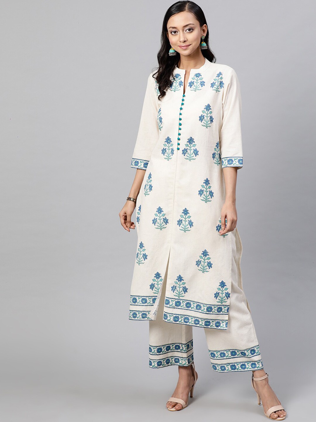 

indo street Floral Printed Pure Cotton Kurta With Trousers, White