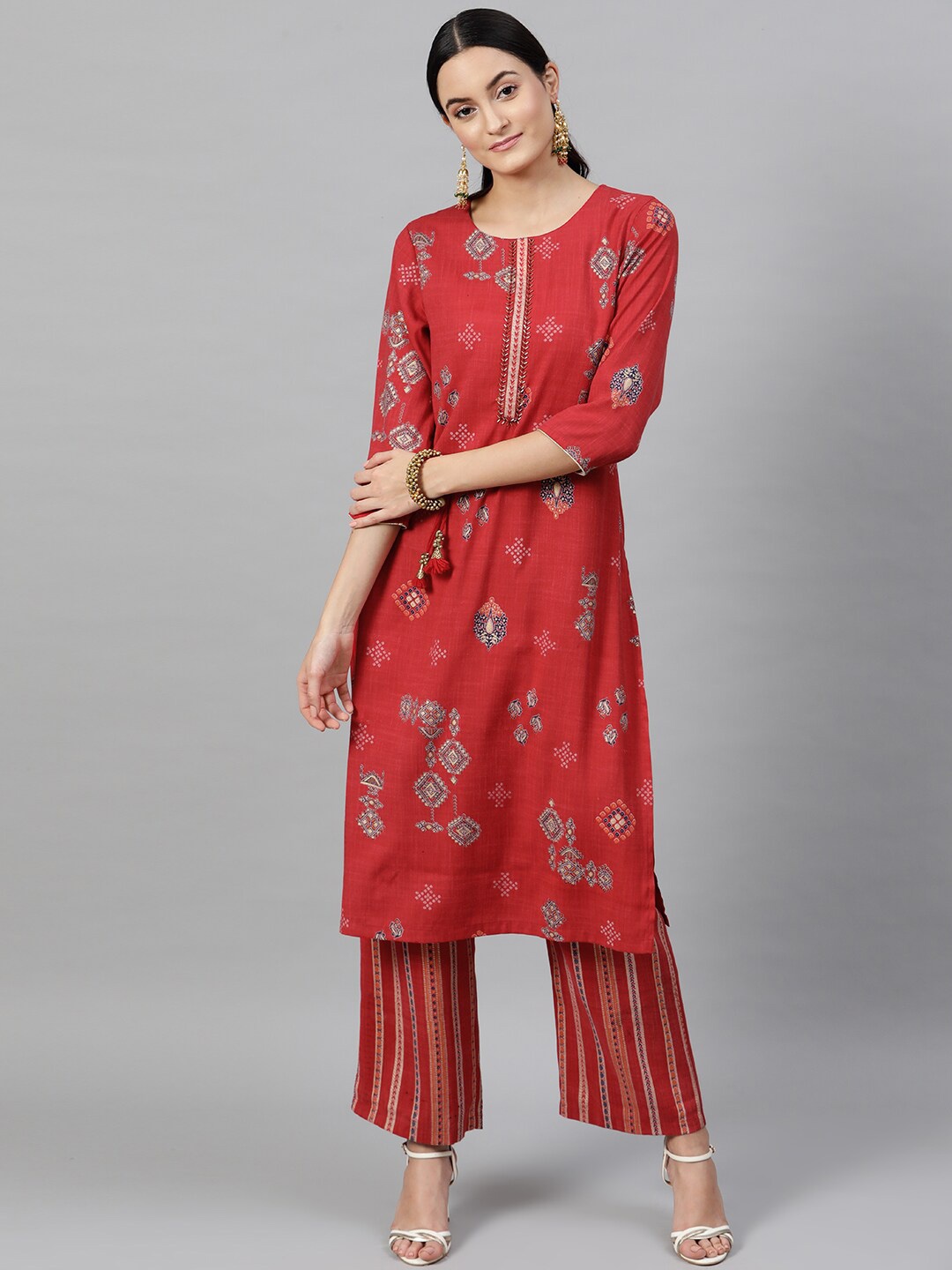 

indo street Ethnic Motifs Printed Beads & Stones Straight Kurta with Palazzos, Red