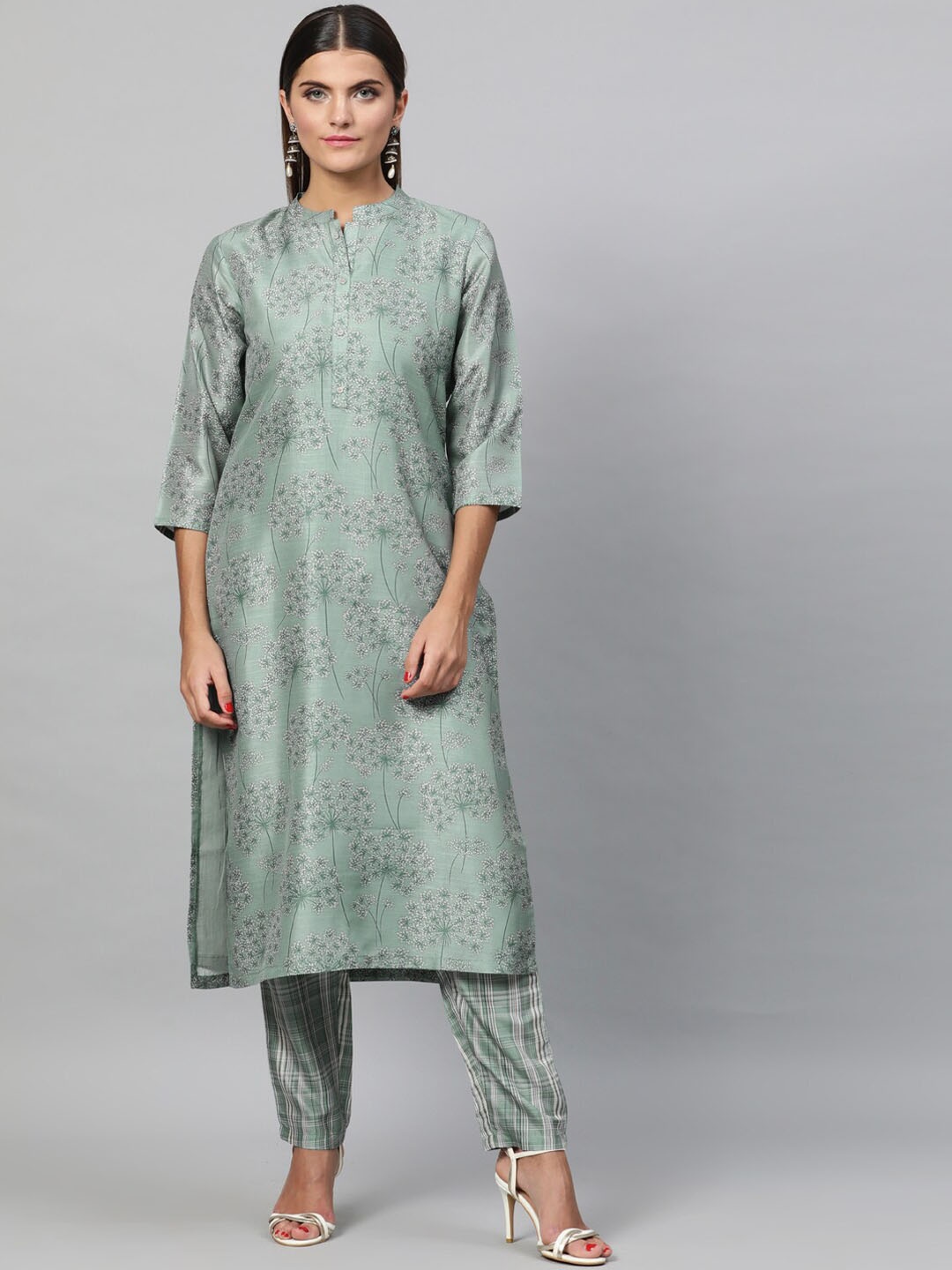 

indo street Floral Printed Band Collar Straight Kurta With Trousers, Sea green