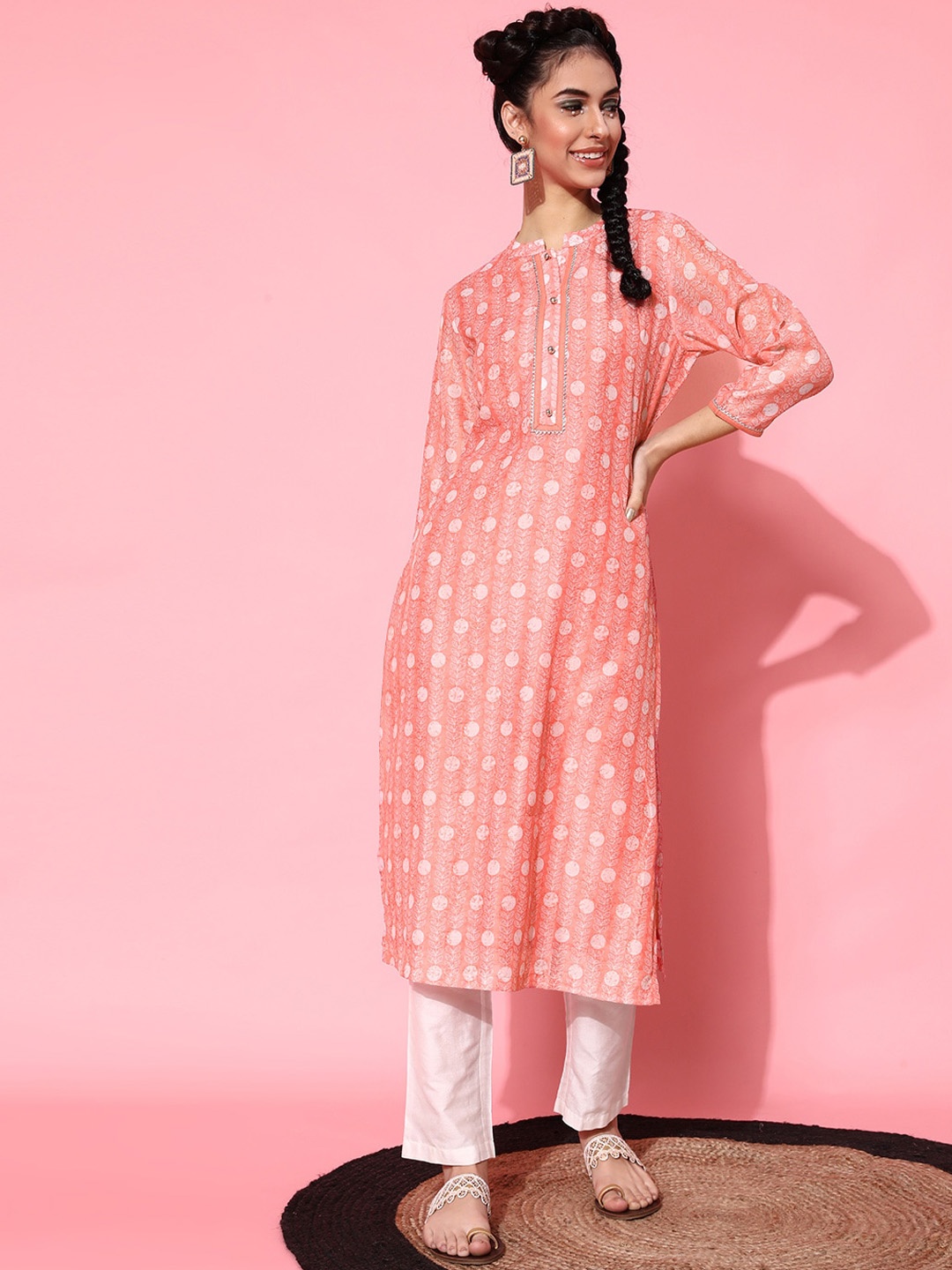 

indo street Band Collar Floral Printed Pure Cotton Kurta with Trousers, Peach
