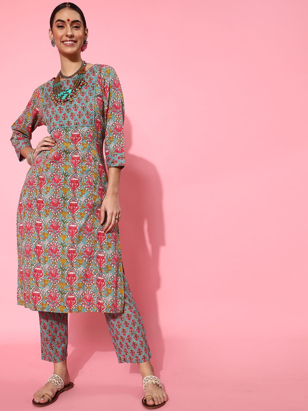 

indo street Floral Printed A-Line Pure Cotton Kurta with Trousers, Turquoise blue