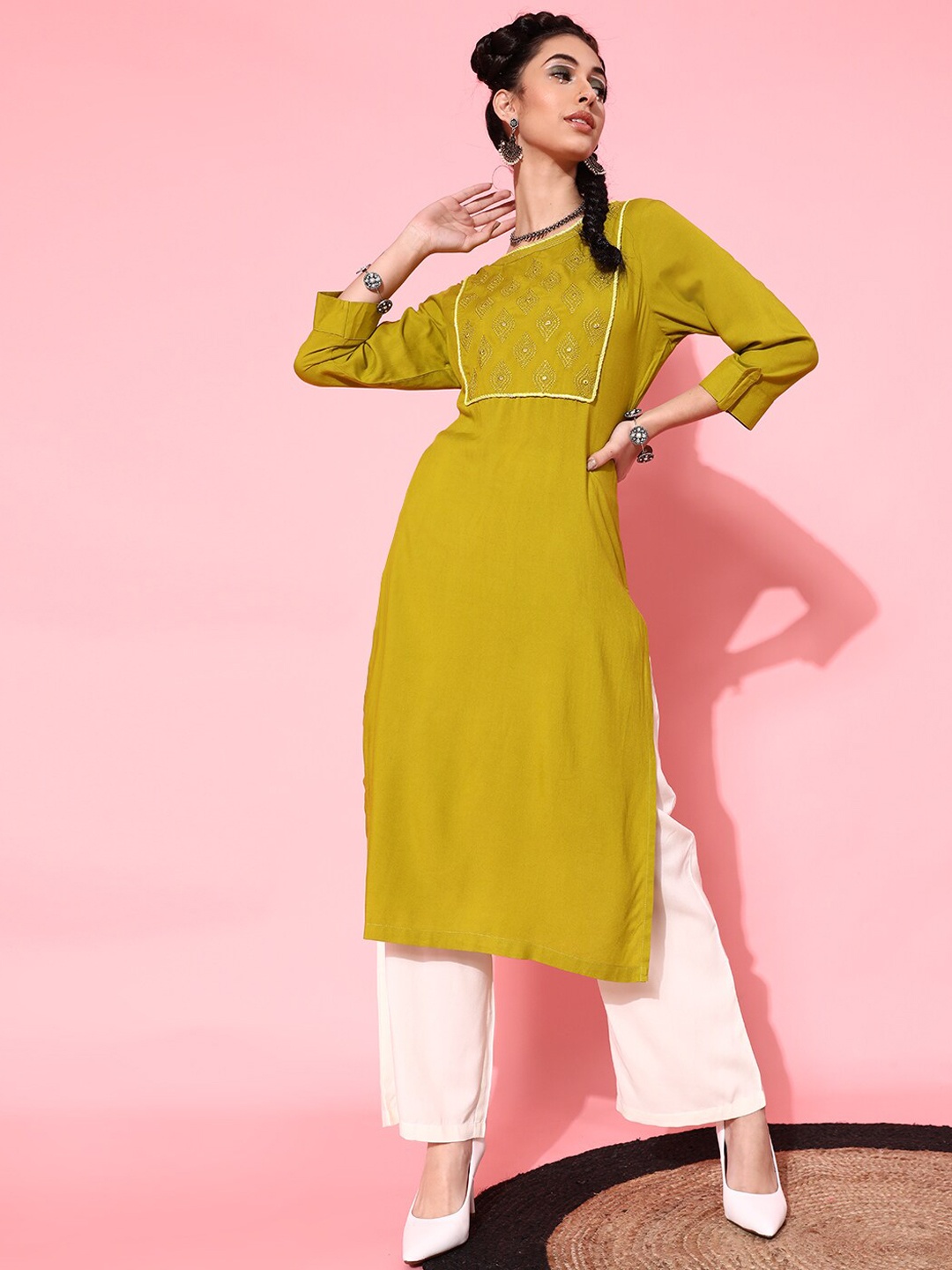 

indo street Ethnic Yoke Design Thread Work Straight Pure Cotton Kurta with Palazzos, Mustard