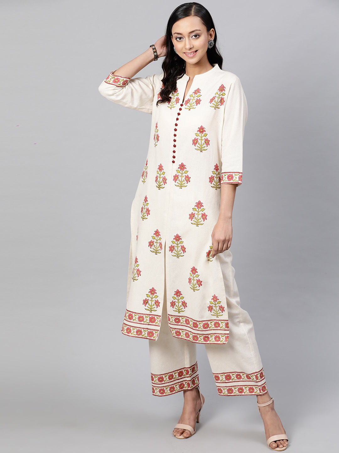 

indo street Floral Printed Pure Cotton Kurta with Palazzos, Off white