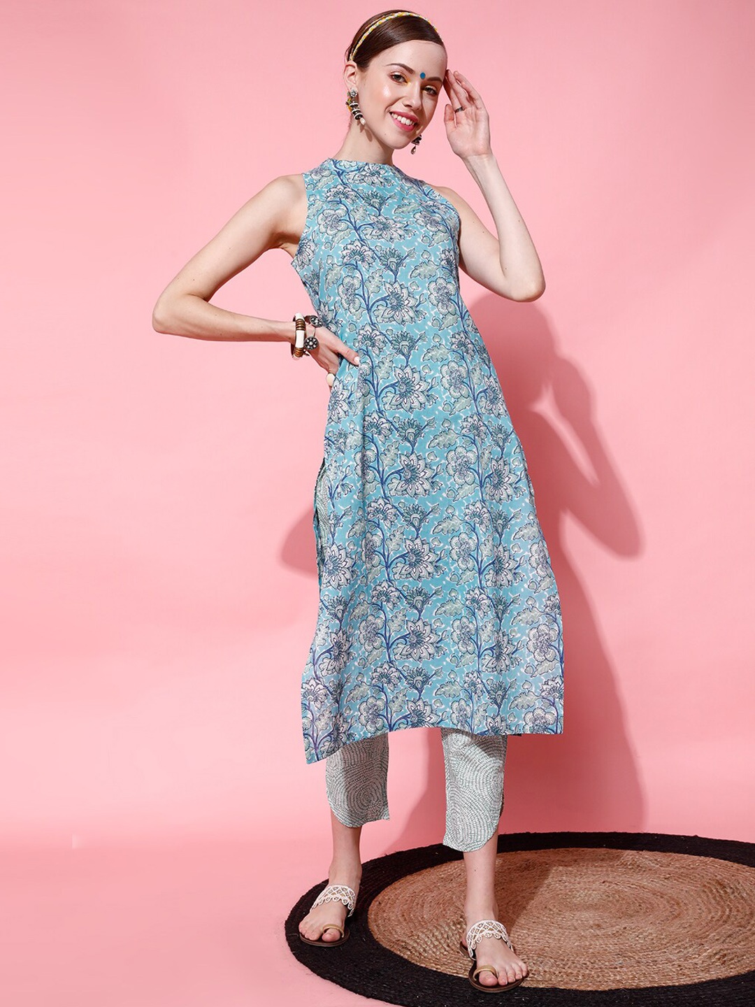 indo street Floral Printed Pure Cotton Kurta with Trousers, Blue