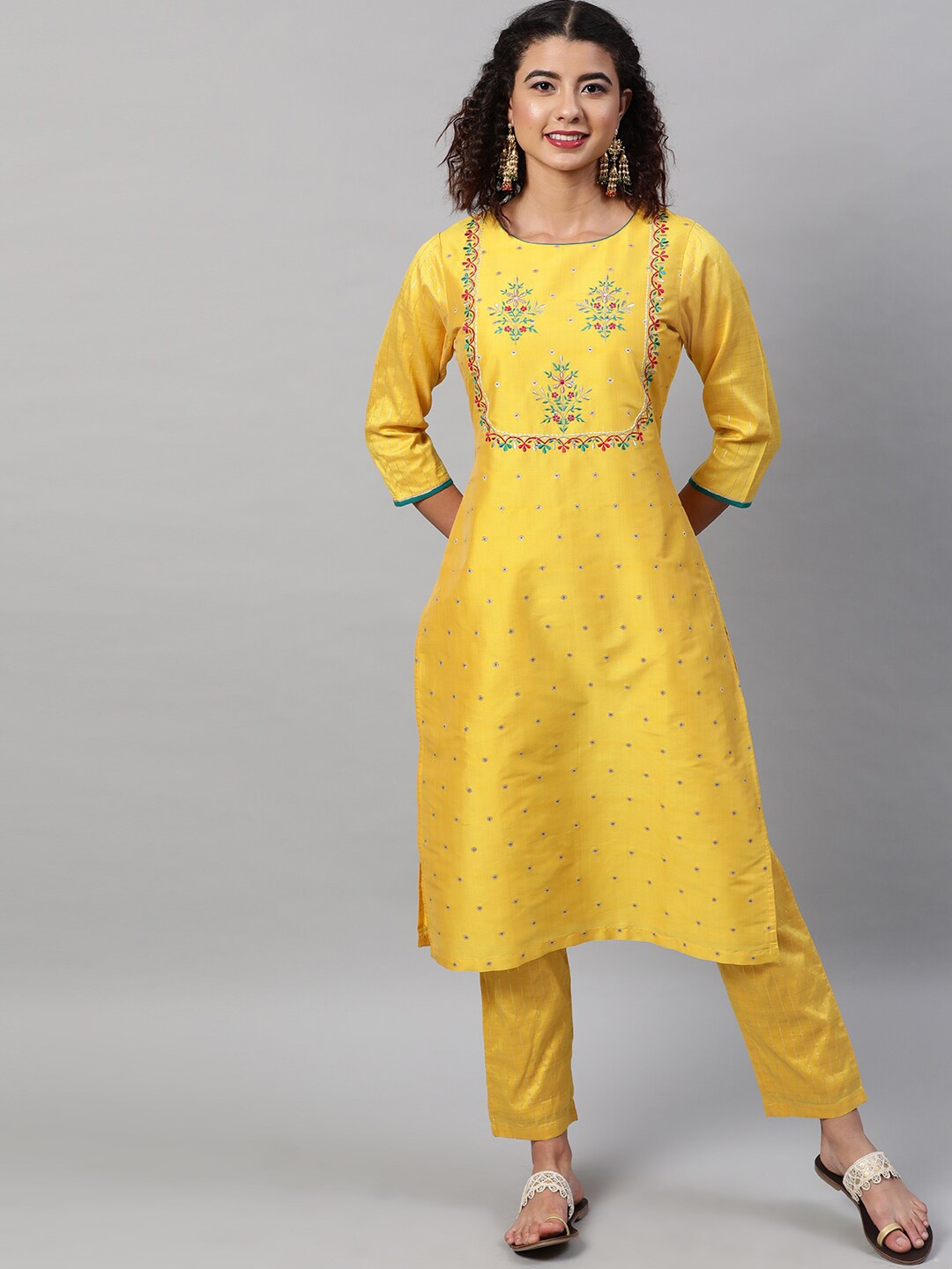 indo street Floral Embroidered Straight Kurta with Trousers, Yellow