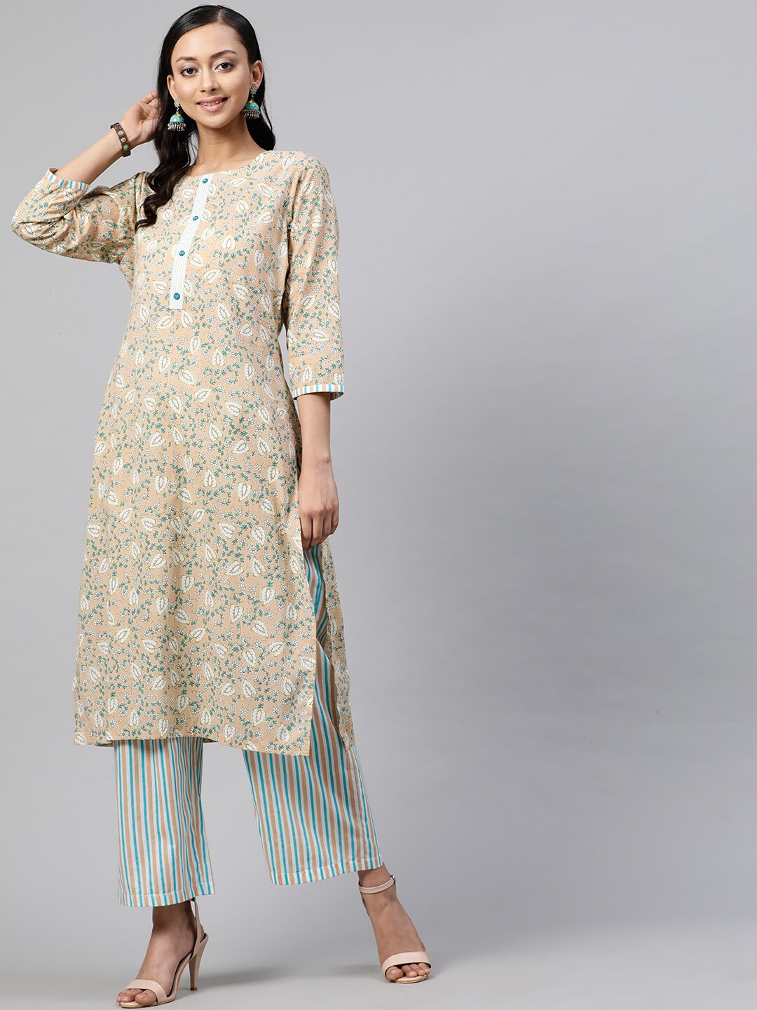 

indo street Floral Printed Pure Cotton Kurta With Palazzos, Beige
