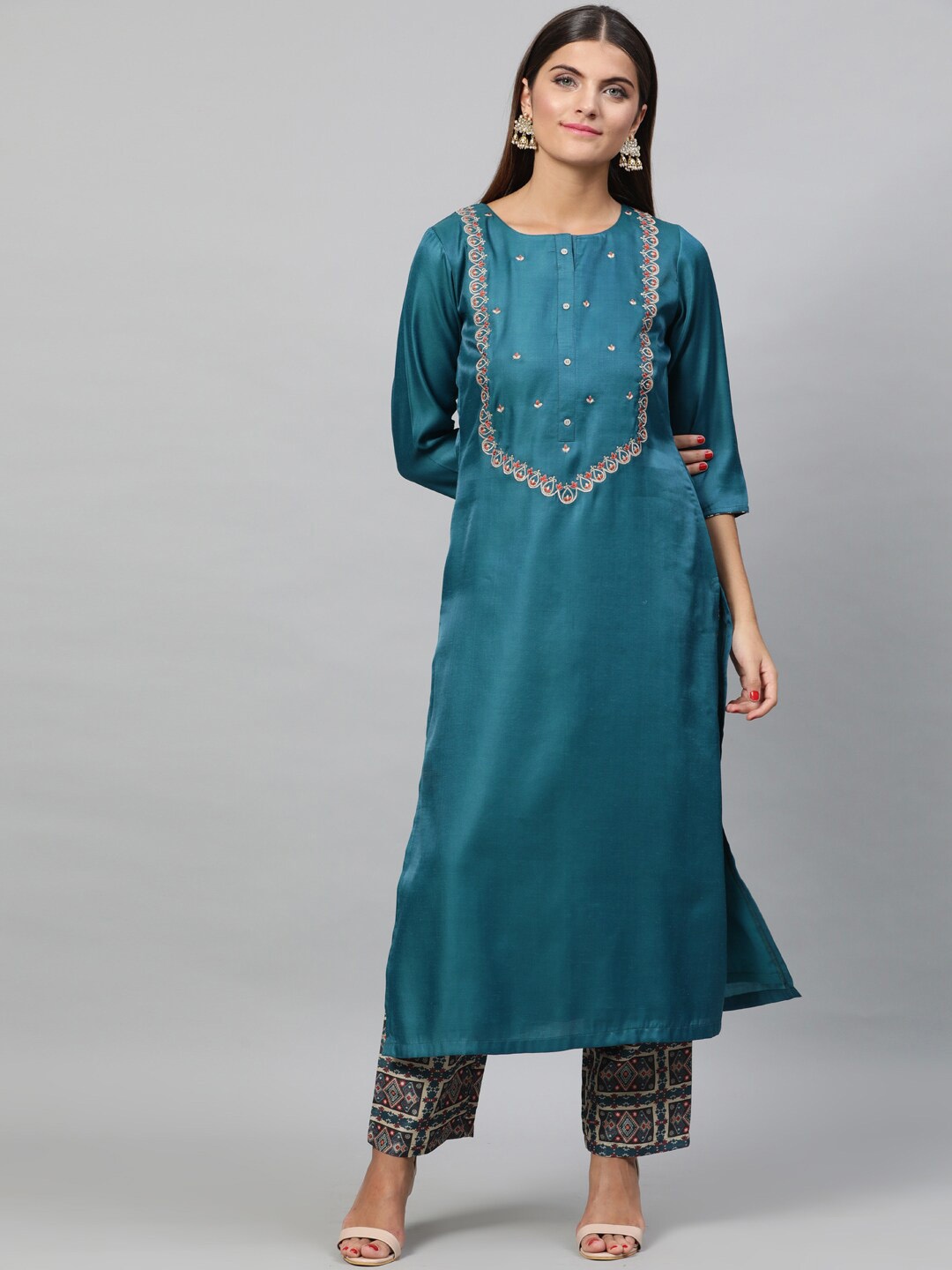 indo street Women Yoke Design Embroidered Satin Kurta with Trousers, Teal