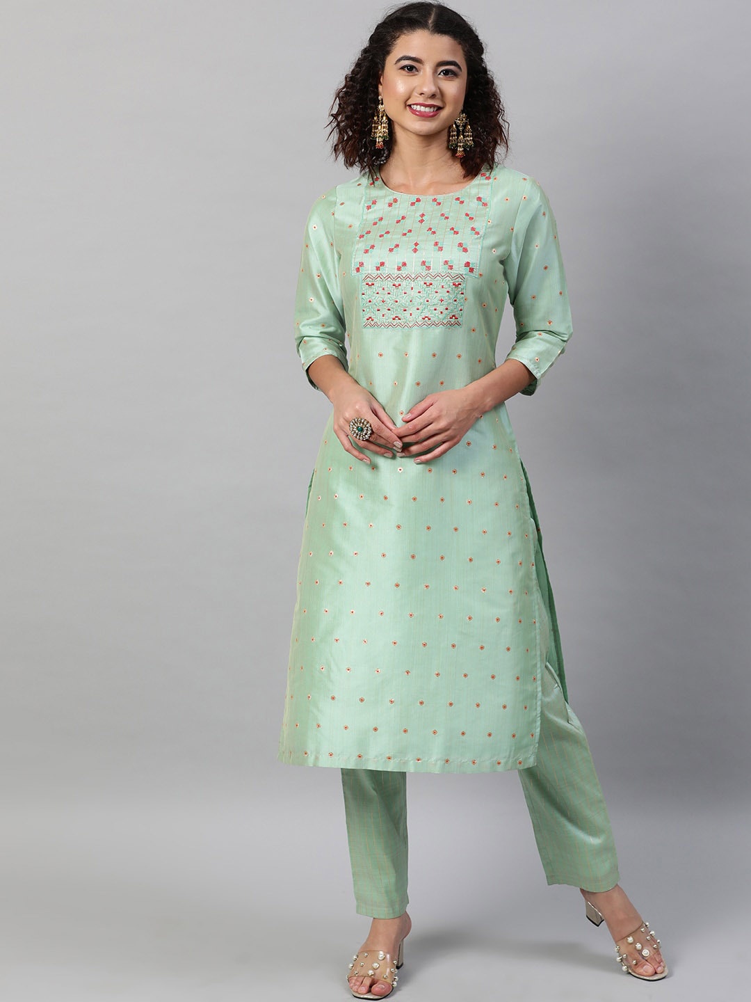 

indo street Ethnic Motifs Embroidered A-Line Kurta with Trousers, Green