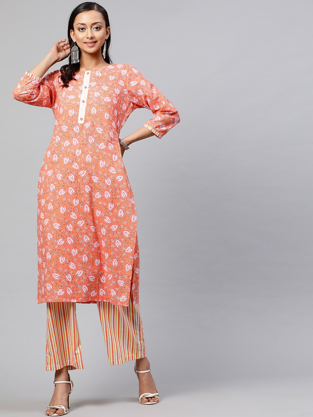 

indo street Floral Printed Straight Pure Cotton Kurta with Trousers, Coral