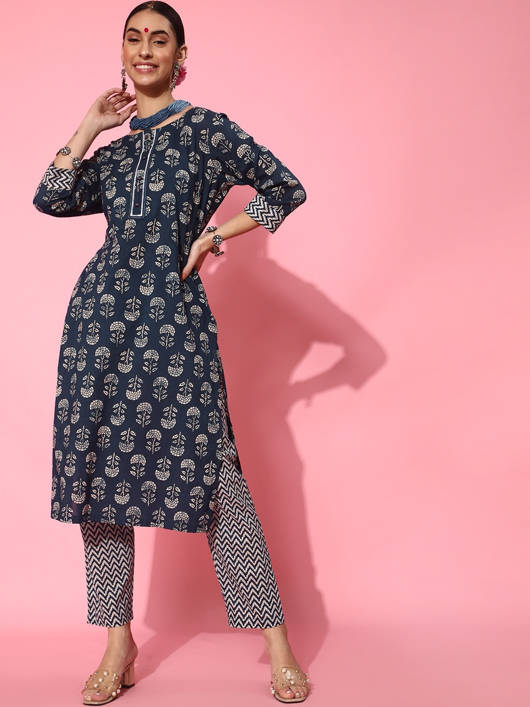 

indo street Floral Printed Straight Pure Cotton Kurta with Trousers, Navy blue