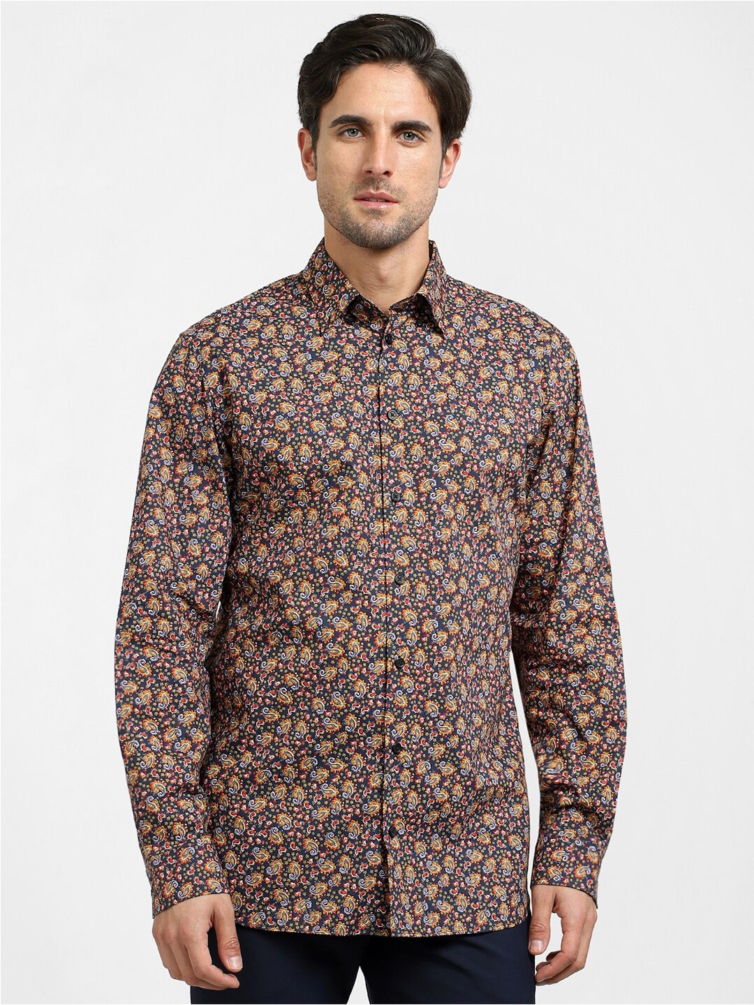 

SELECTED Slim Fit Ethnic Motifs Printed Cotton Casual Shirt, Navy blue
