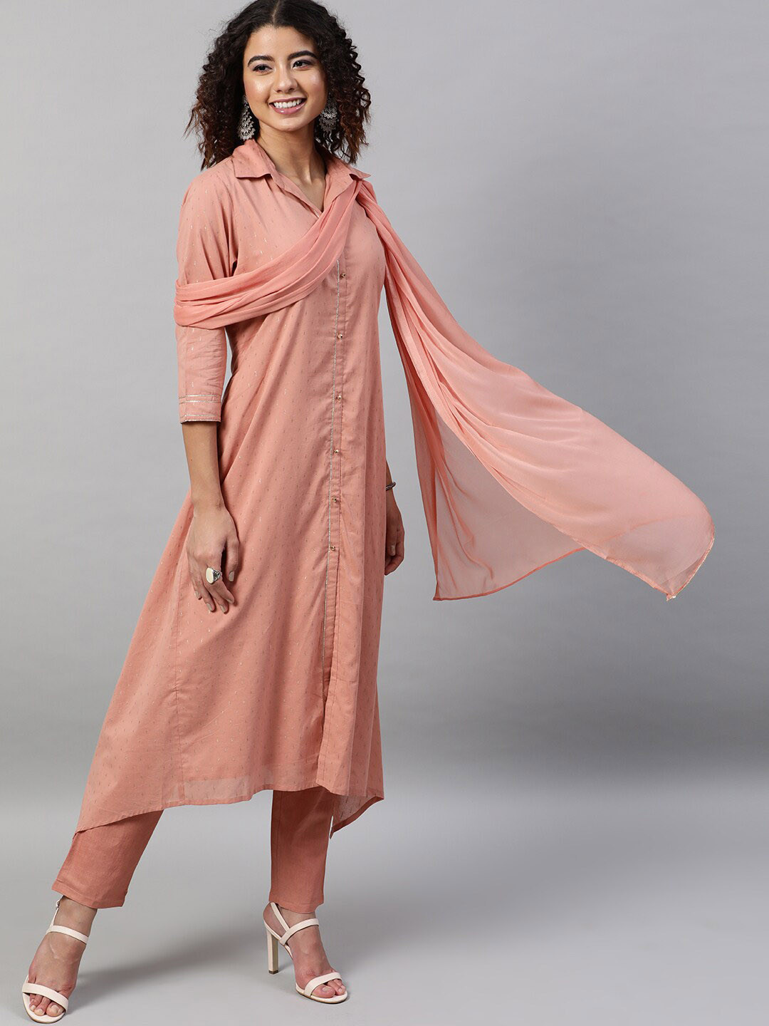 

indo street Ethnic Motifs Woven Design Pure Cotton Kurta with Trousers & Dupatta, Peach