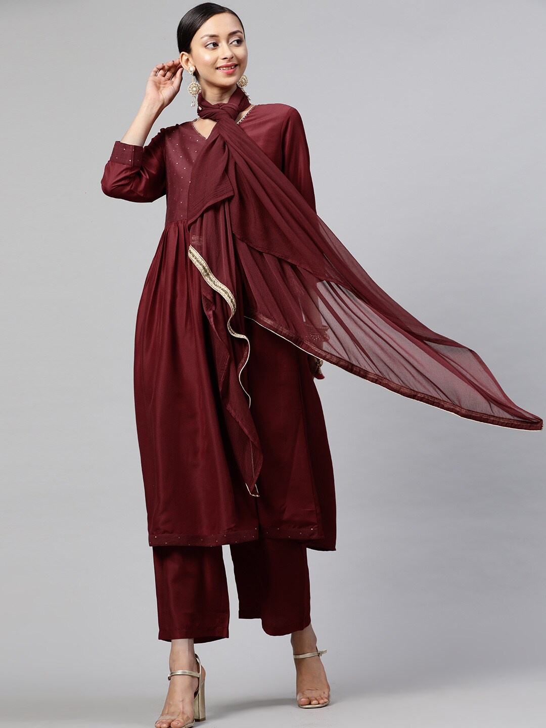 indo street Sequined A-Line Angrakha Kurta with Trousers & Dupatta, Maroon
