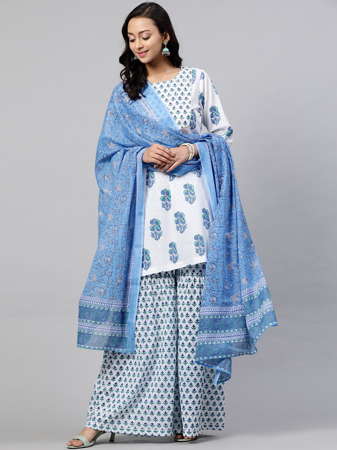 

indo street Floral Printed Pure Cotton Kurti with Palazzos & Dupatta, White
