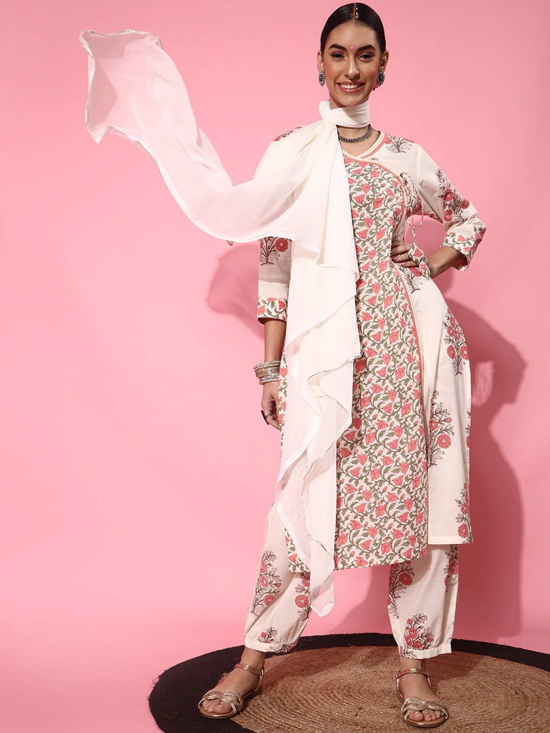 

indo street Floral Printed Angrakha A-Line Pure Cotton Kurta with Salwar & Dupatta, Off white