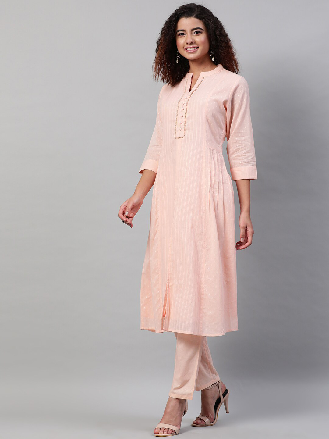 

indo street Striped Pure Cotton Kurta with Trousers & Dupatta, Pink