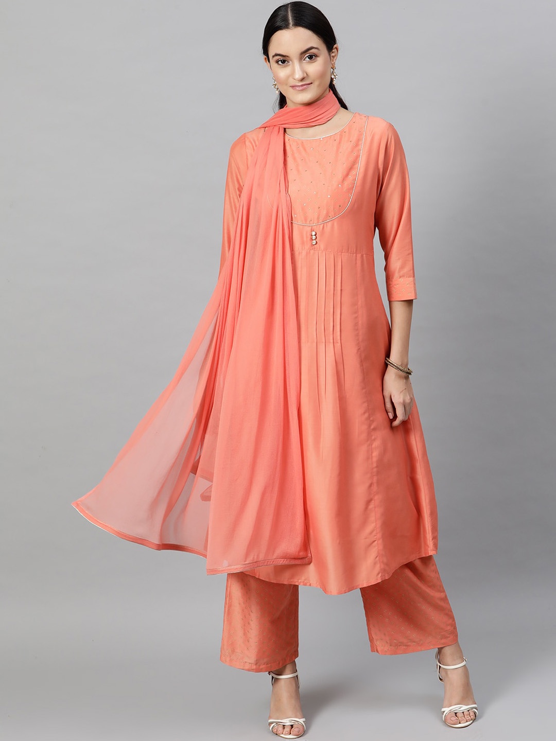 

indo street Sequined Panelled A-Line Pure Cotton Kurta with Palazzos & Dupatta, Coral