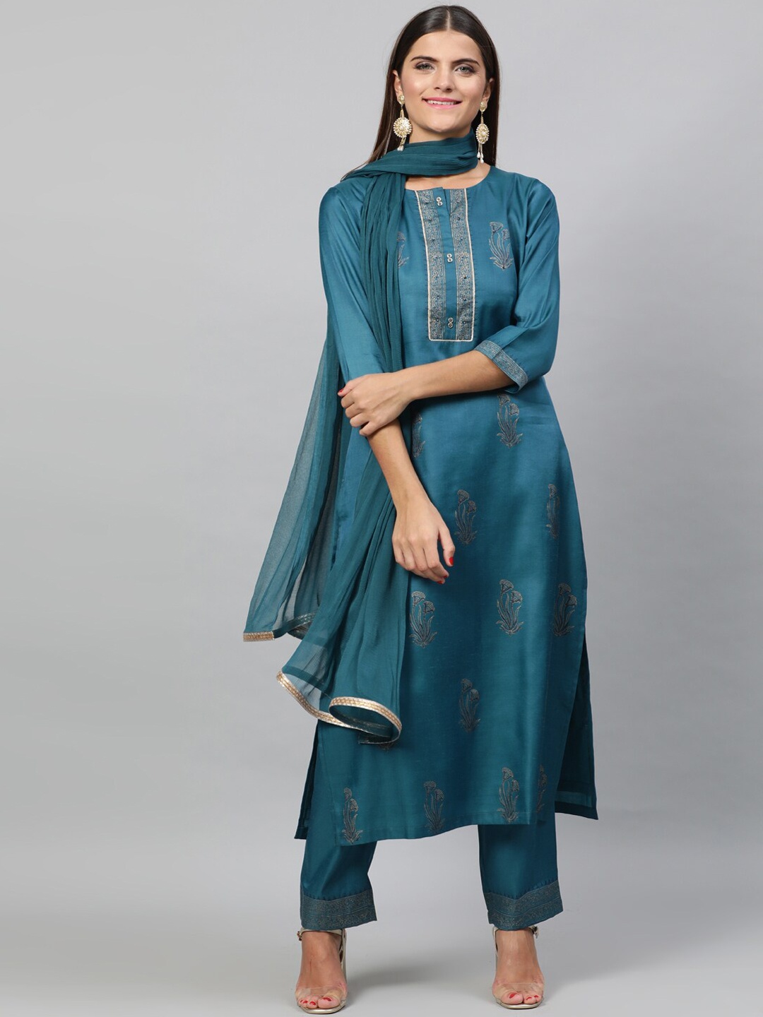 

indo street Floral Printed Sequinned Satin Kurta with Trousers with Dupatta, Teal