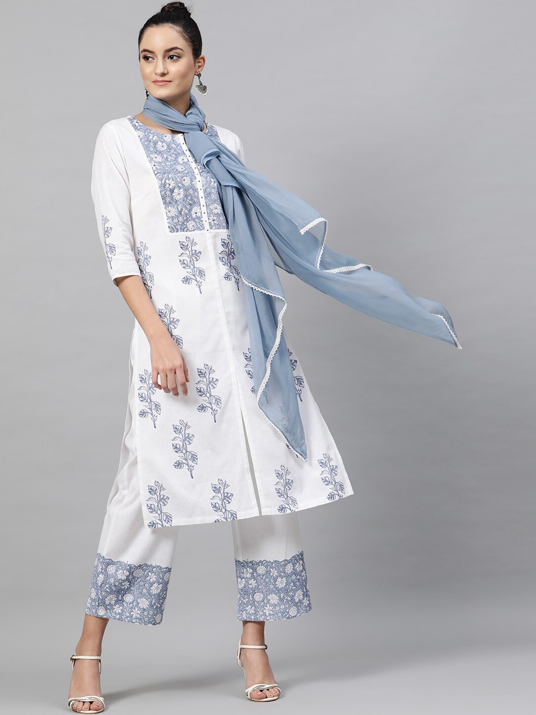 

indo street Floral Printed Sequinned Pure Cotton Kurta with Trousers with Dupatta, White