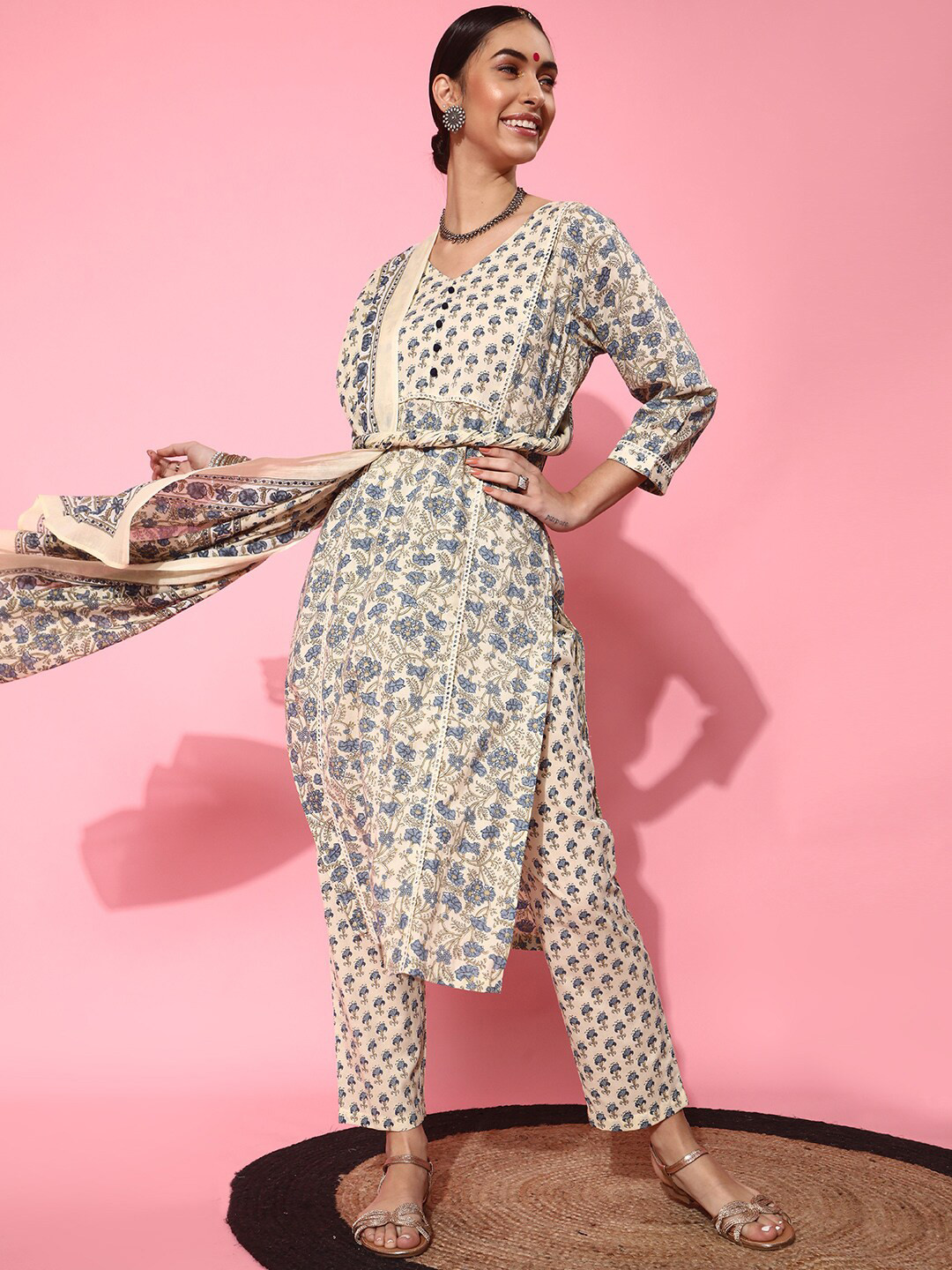

indo street Ethnic Motifs Printed Pure Cotton Kurta with Trousers with Dupatta, Off white