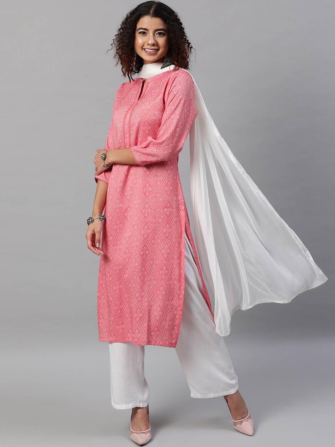 indo street Bandhani Printed Gotta Patti Kurta with Trousers with Dupatta, Pink