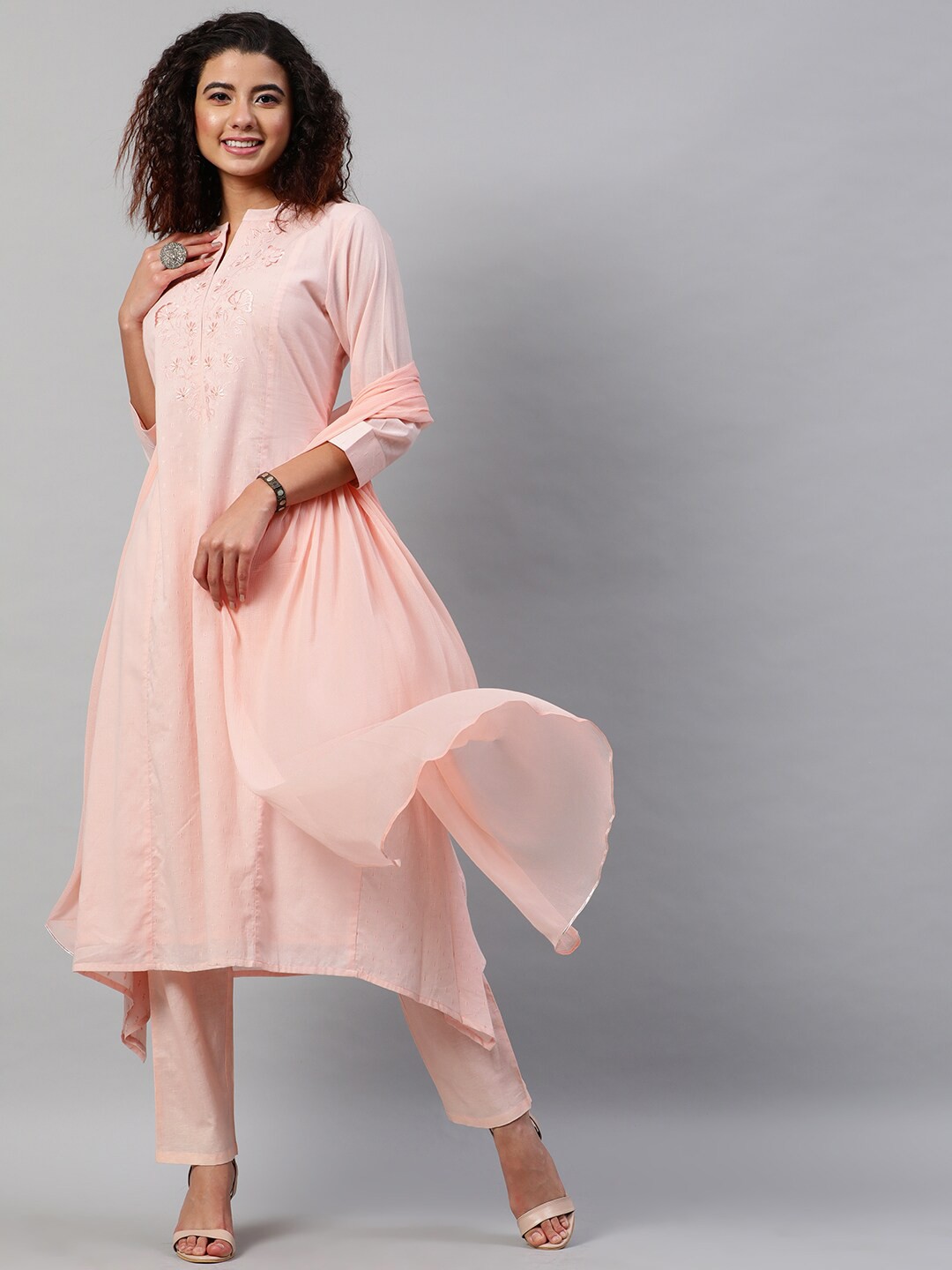 

indo street Floral Embroidered Band Collar Thread Work Kurta with Trousers with Dupatta, Peach