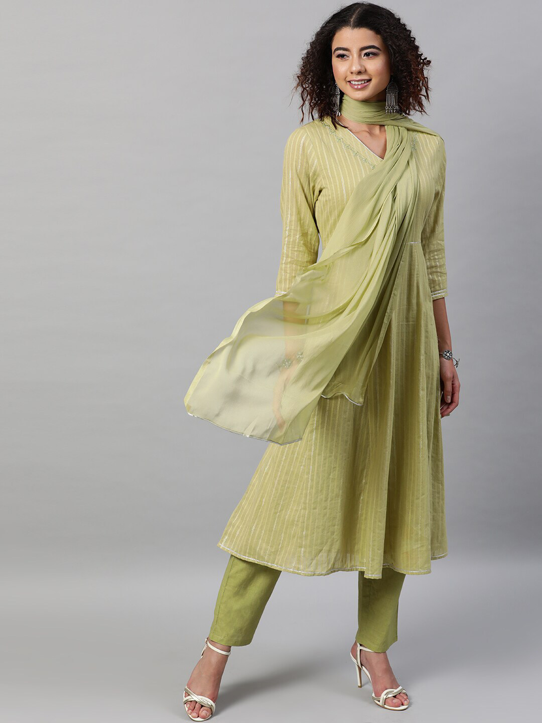 

indo street V-Neck Striped Thread Work Anarkali Pure Cotton Kurta with Trousers & Dupatta, Green