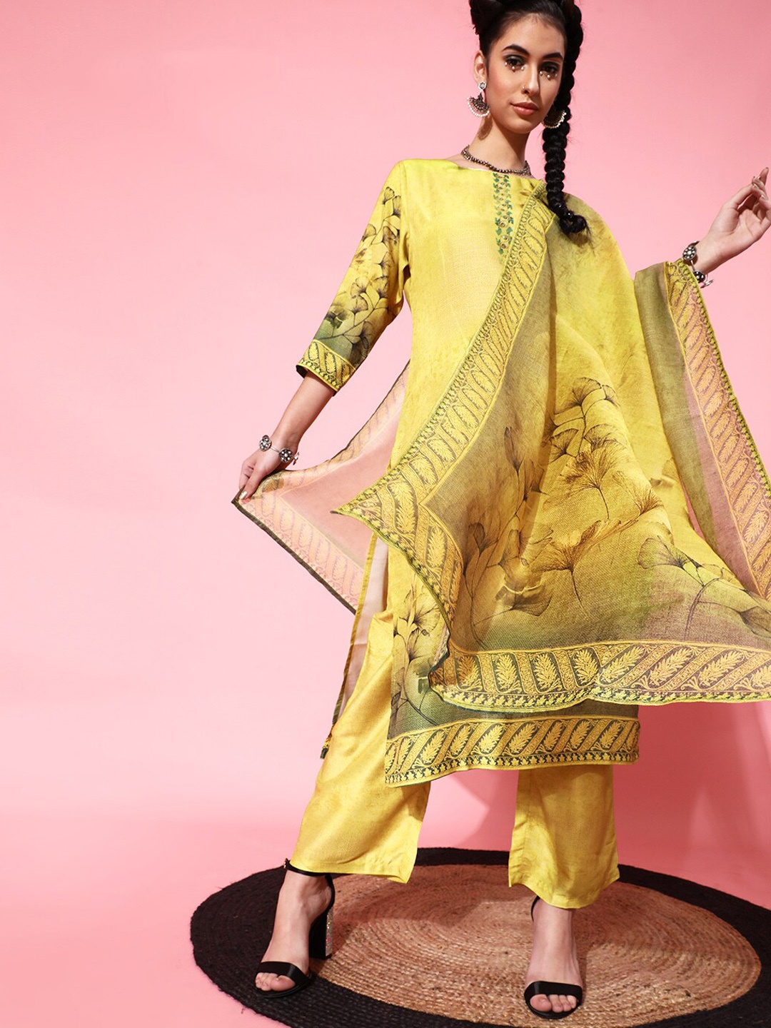 

indo street Floral Printed Pure Cotton Kurta With Palazzos with Dupatta, Mustard