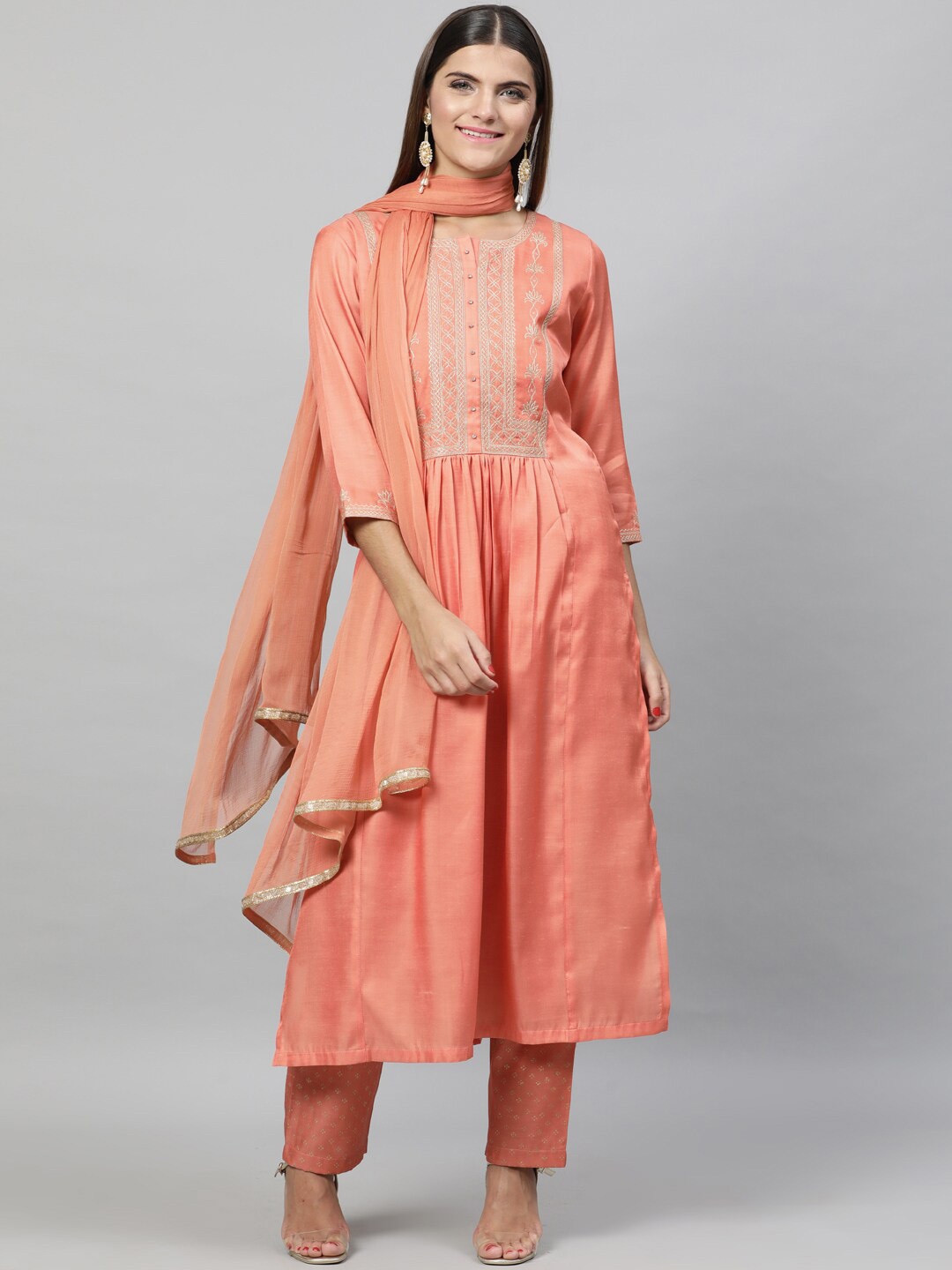

indo street Ethnic Motifs Embroidered Zari Kurta with Trousers with Dupatta, Orange
