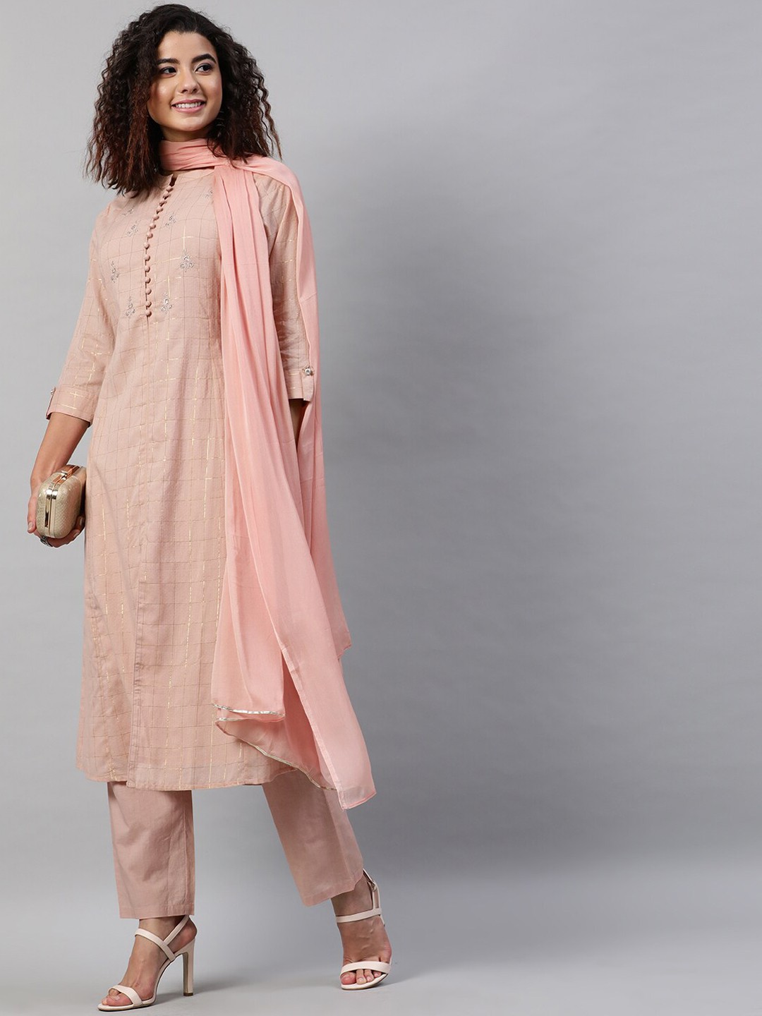 

indo street Floral Embroidered Thread Work Pure Cotton Kurta with Trousers with Dupatta, Peach