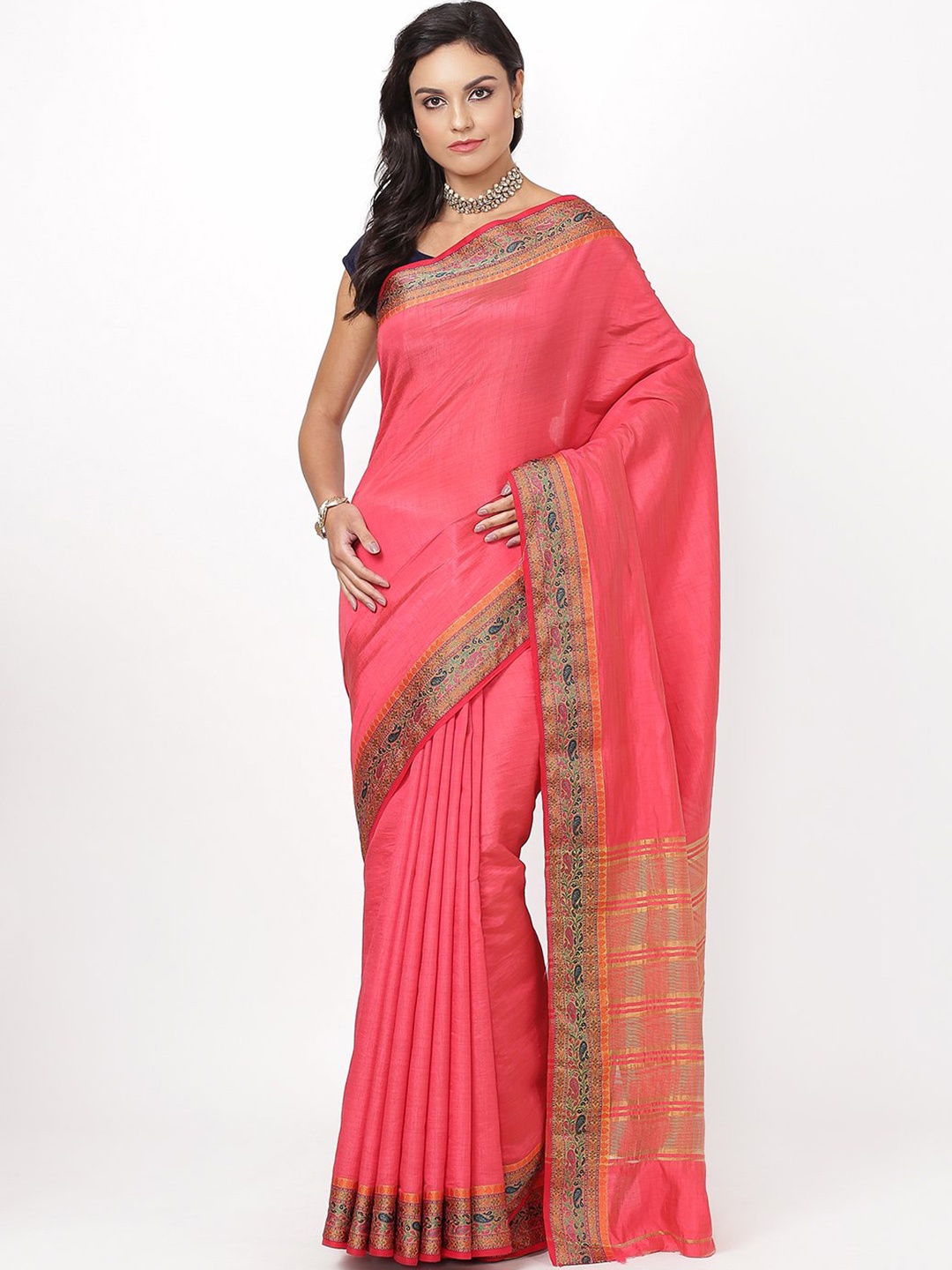 

Meena Bazaar Woven Design Border Saree, Pink