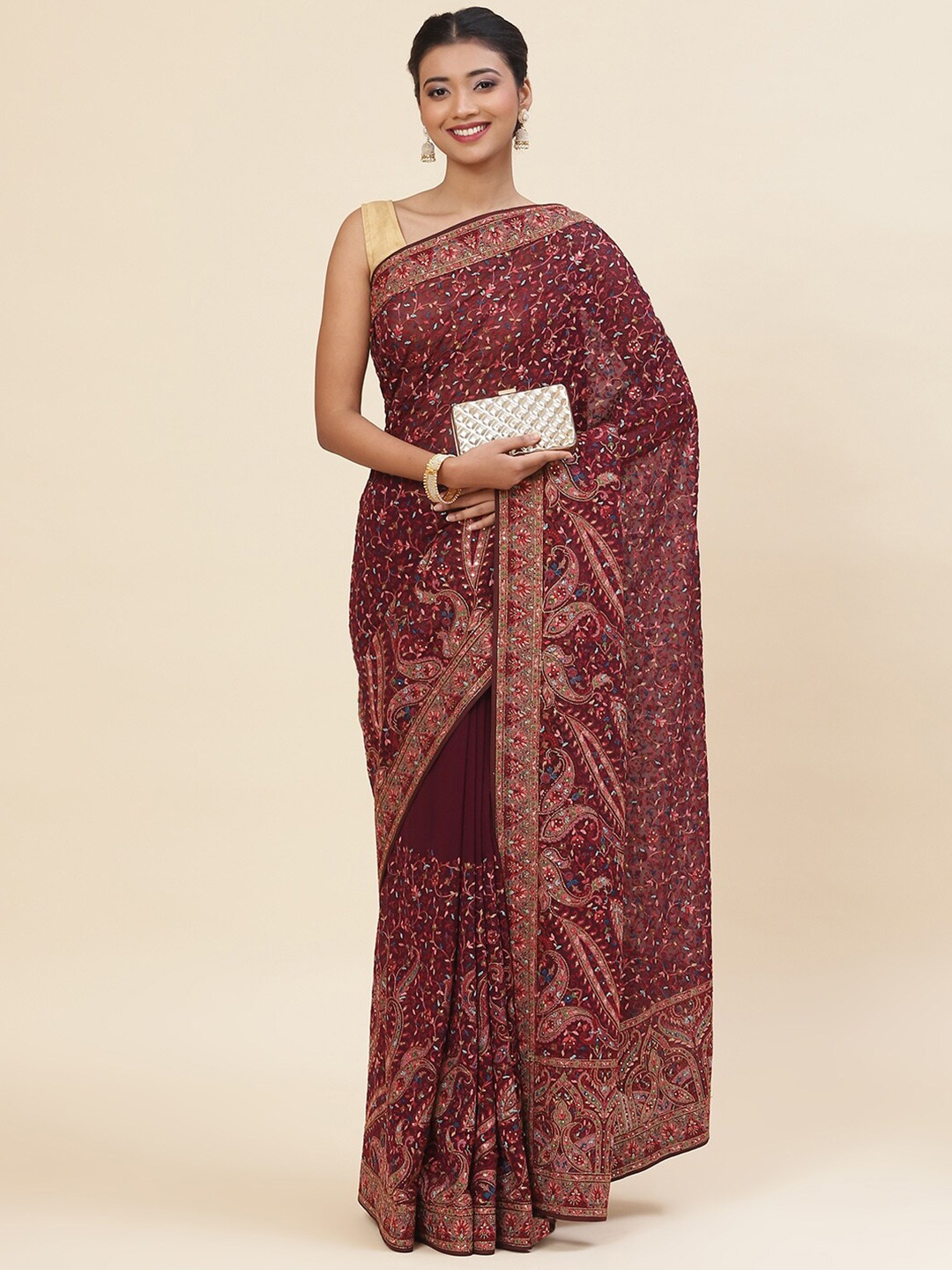 

Meena Bazaar Floral Embroidered Saree, Burgundy