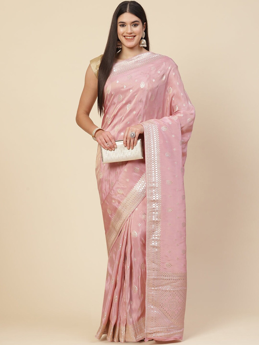 

Meena Bazaar Ethnic Motifs Woven Design Organza Saree, Pink