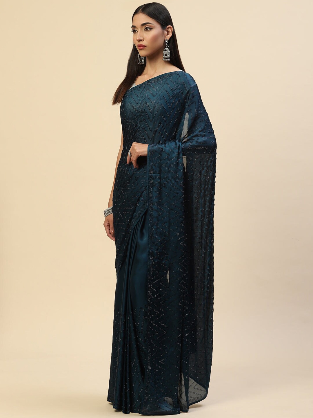 

Meena Bazaar Beads And Stones Embellished Satin Saree, Blue