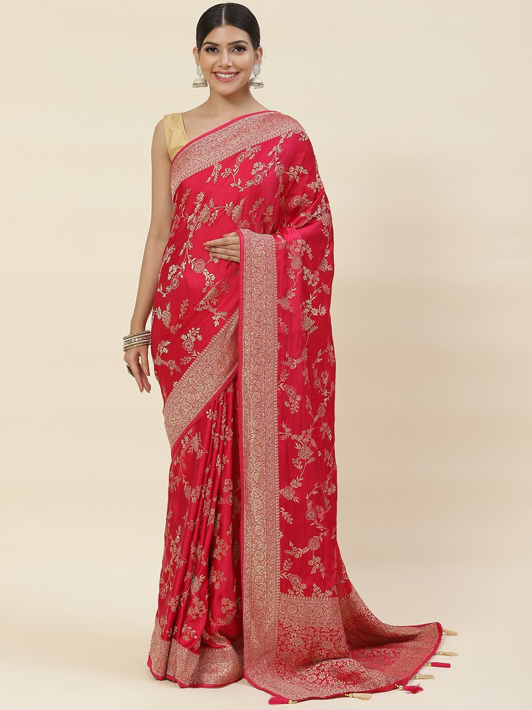 

Meena Bazaar Floral Woven Design Satin Saree, Pink