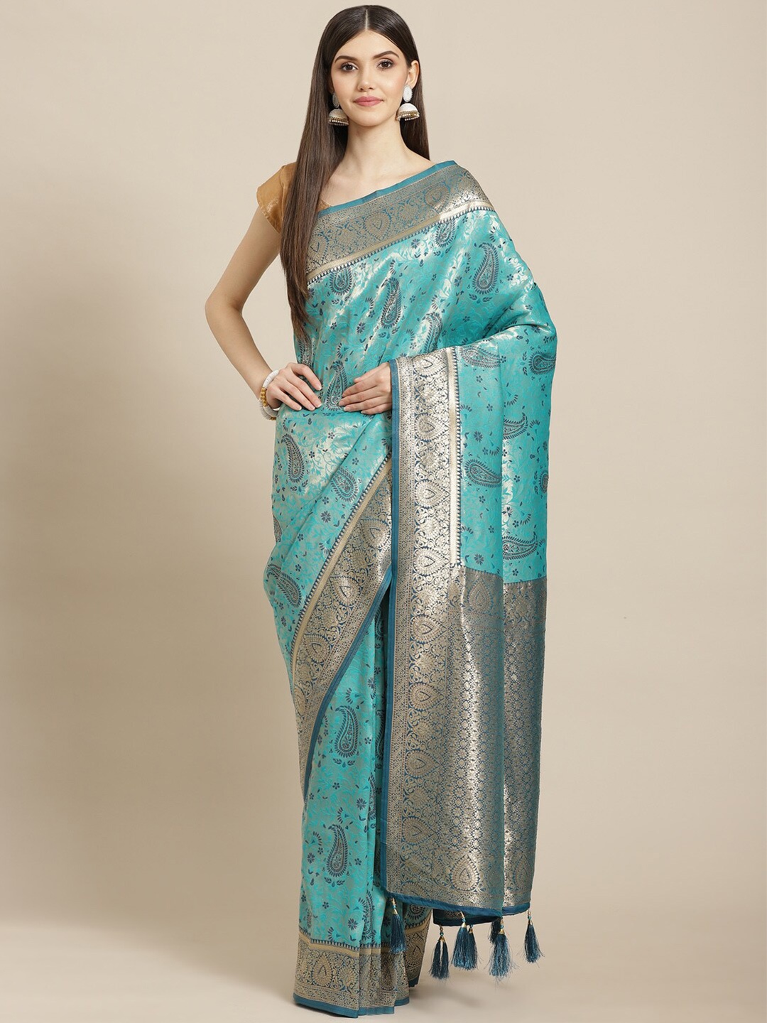 

Meena Bazaar Paisley Woven Zari Art Silk Saree With Tassles, Blue