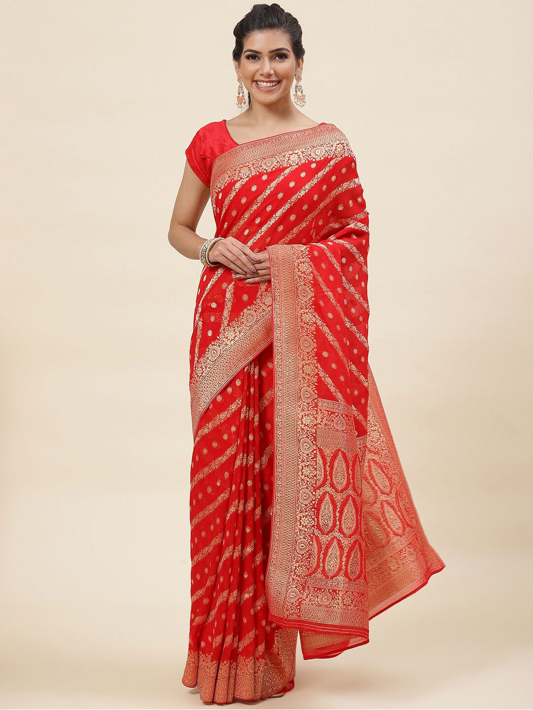 

Meena Bazaar Floral Woven Design Saree, Red