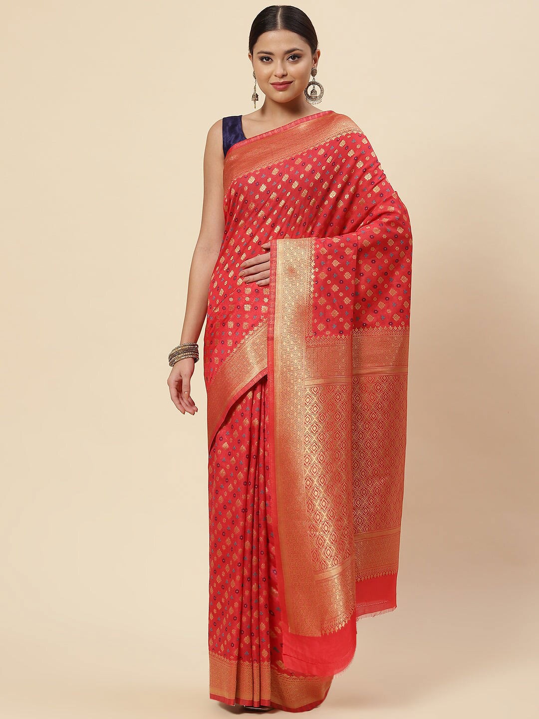

Meena Bazaar Ethinic Motifs Woven Design Zari Saree, Red