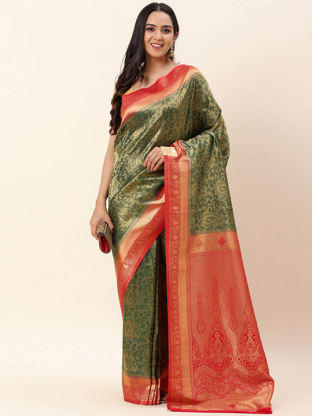 

Meena Bazaar Paisley Motif Woven Design Zari Saree, Green