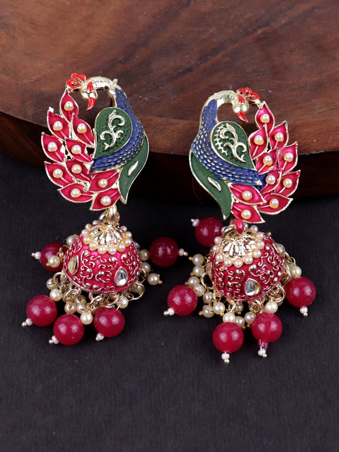 

Krelin Gold-Plated Stone-Studded & Beaded Peacock Shaped Jhumkas Earrings, Red