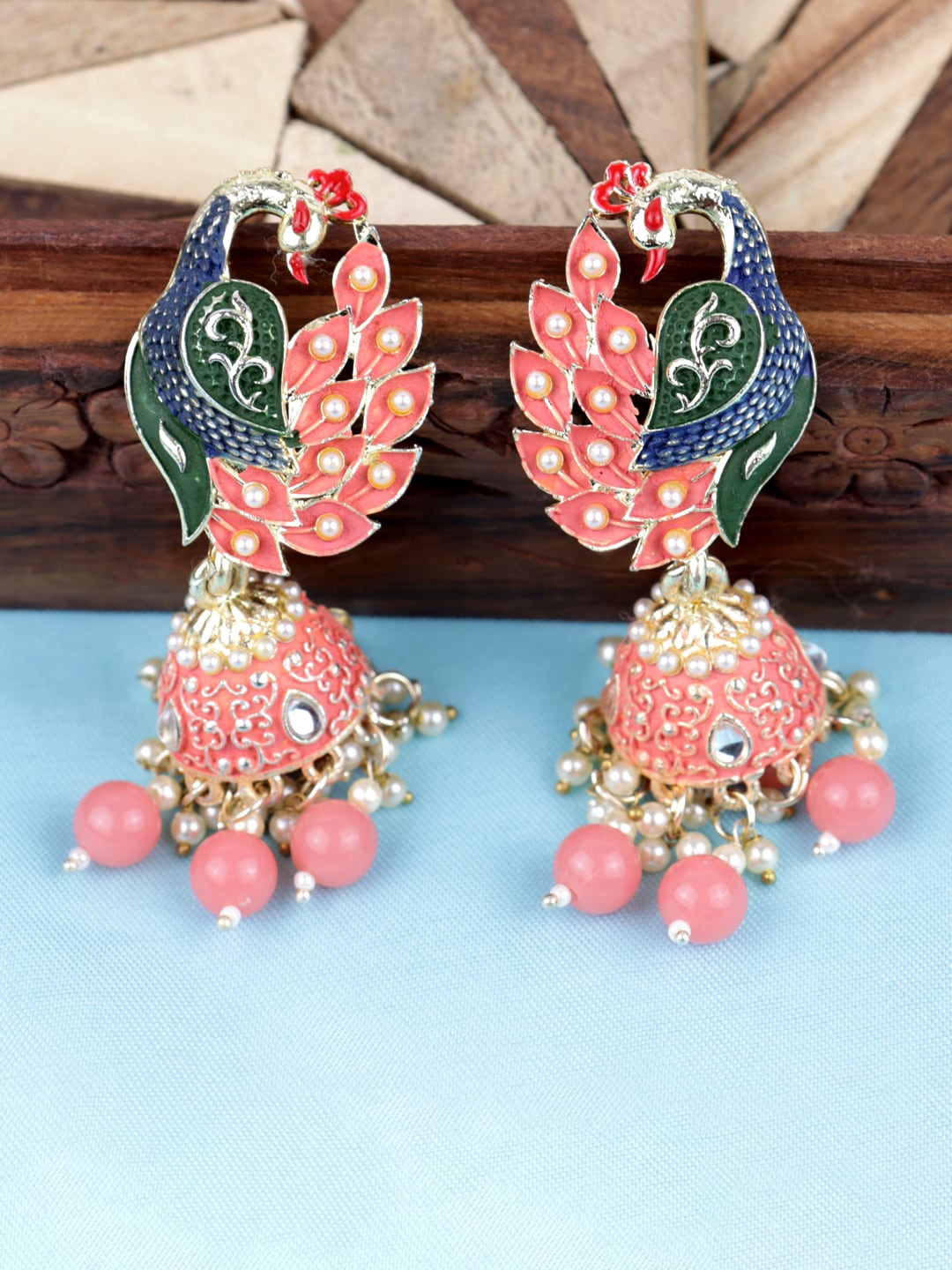 

Krelin Gold-Plated Beaded Peacock Shaped Jhumkas, Peach