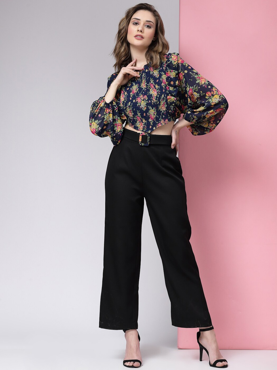 

KASSUALLY Women Printed Crop Top & Trousers Co-Ords Set, Navy blue