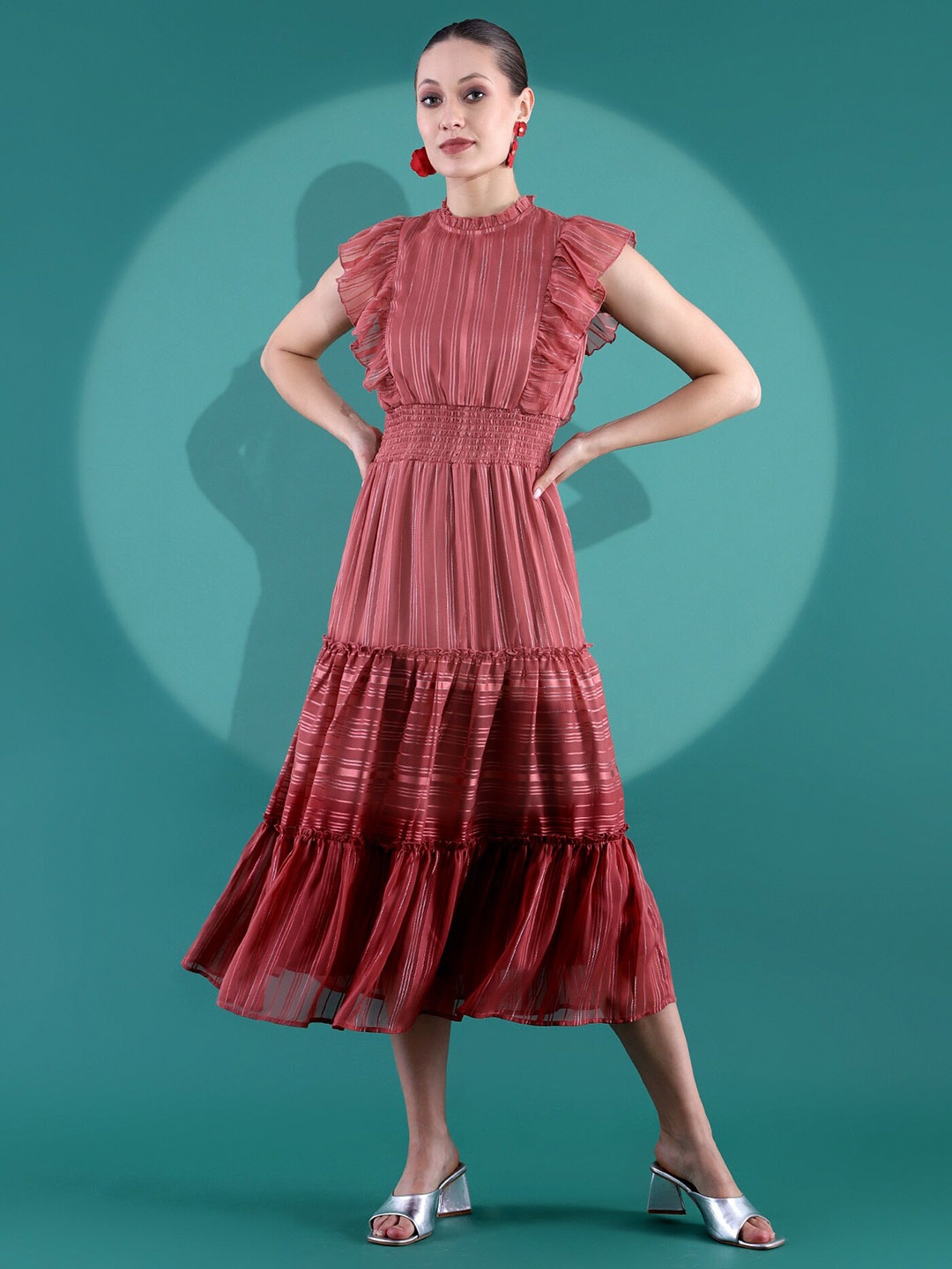 

KASSUALLY Striped Flutter Sleeves Tiered Fit & Flare Midi Dress, Peach