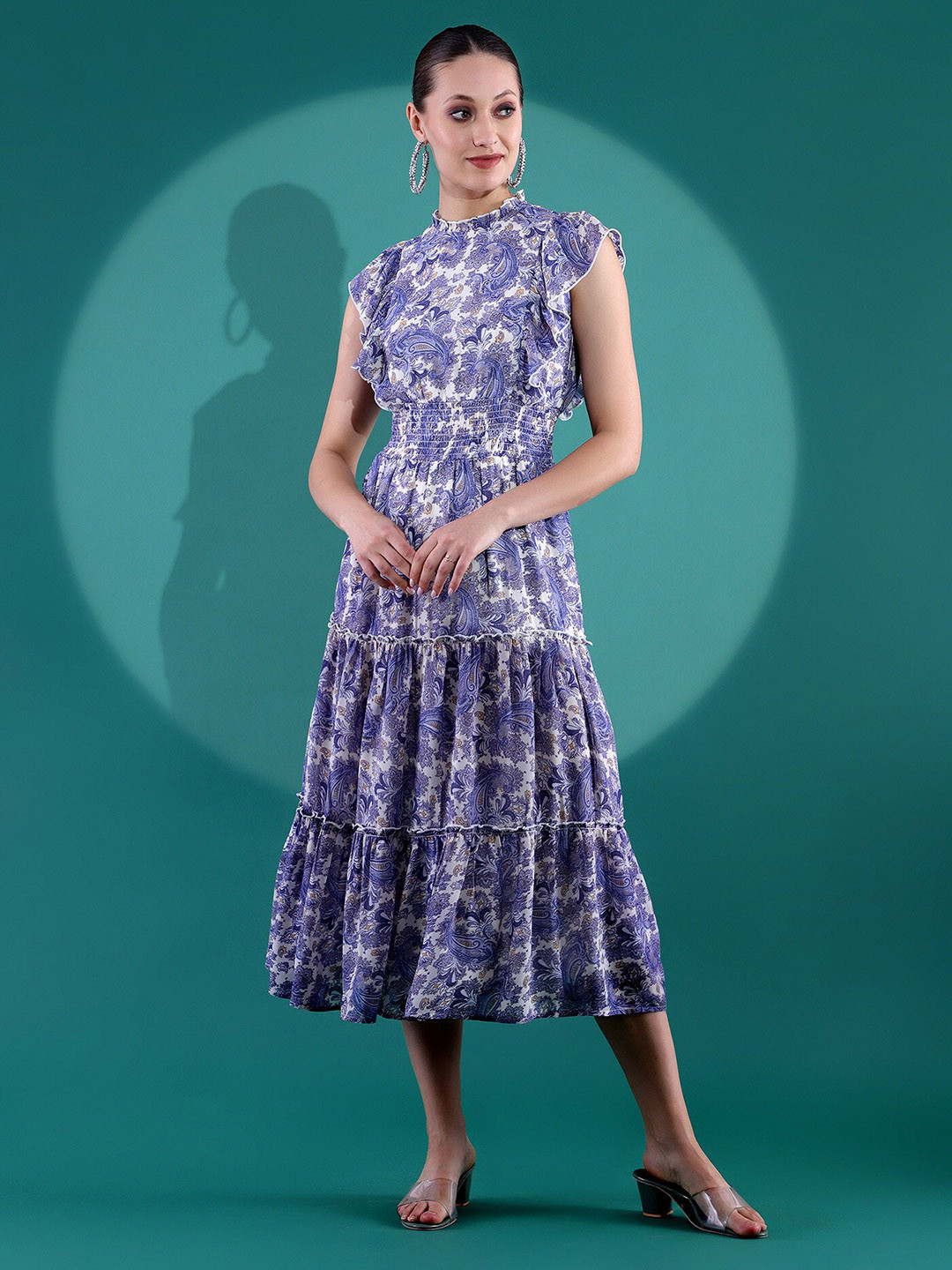 

KASSUALLY Floral Printed Flutter Sleeves Tiered Fit & Flare Midi Dress, White