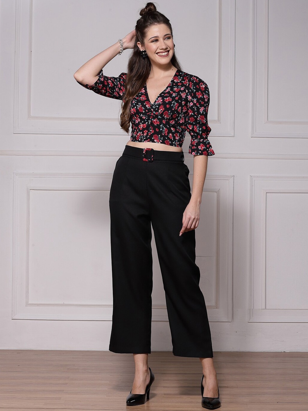 KASSUALLY Women Floral Printed Co-Ords Set, Black