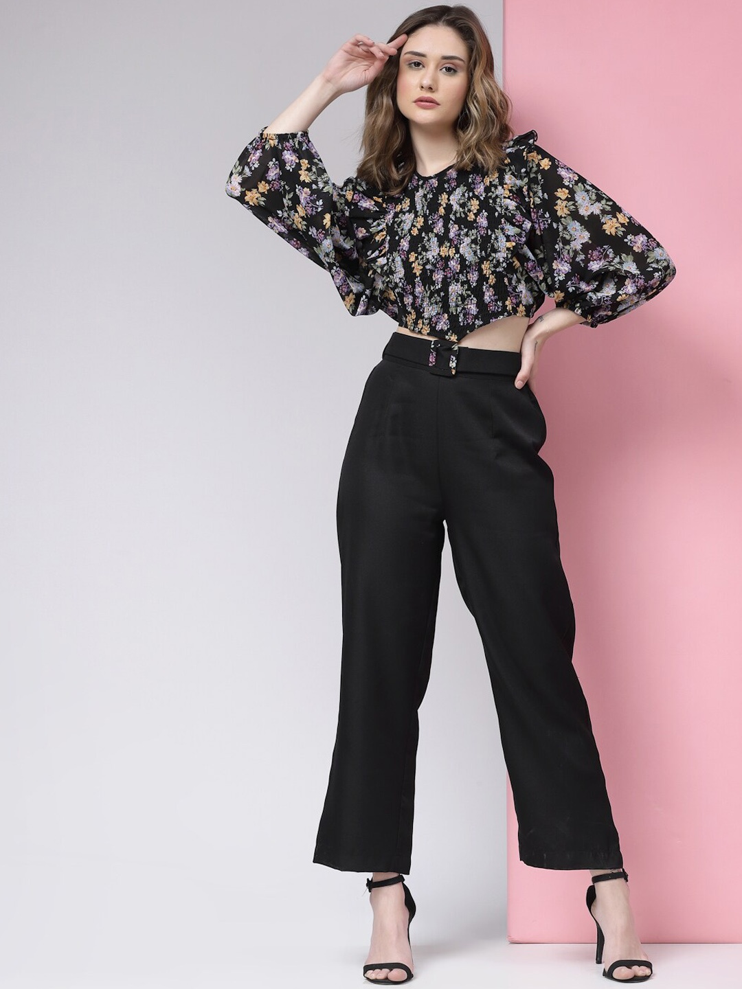 

KASSUALLY Women Floral Printed Ruffle Top With Trouser Co-Ords Set, Black