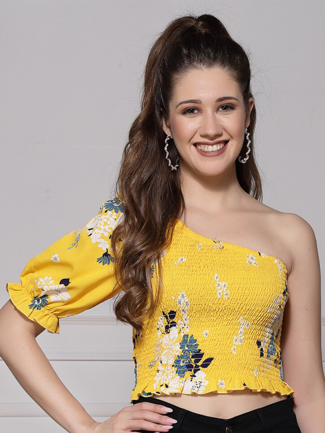 

KASSUALLY Floral Print One Shoulder Crepe Crop Top, Yellow
