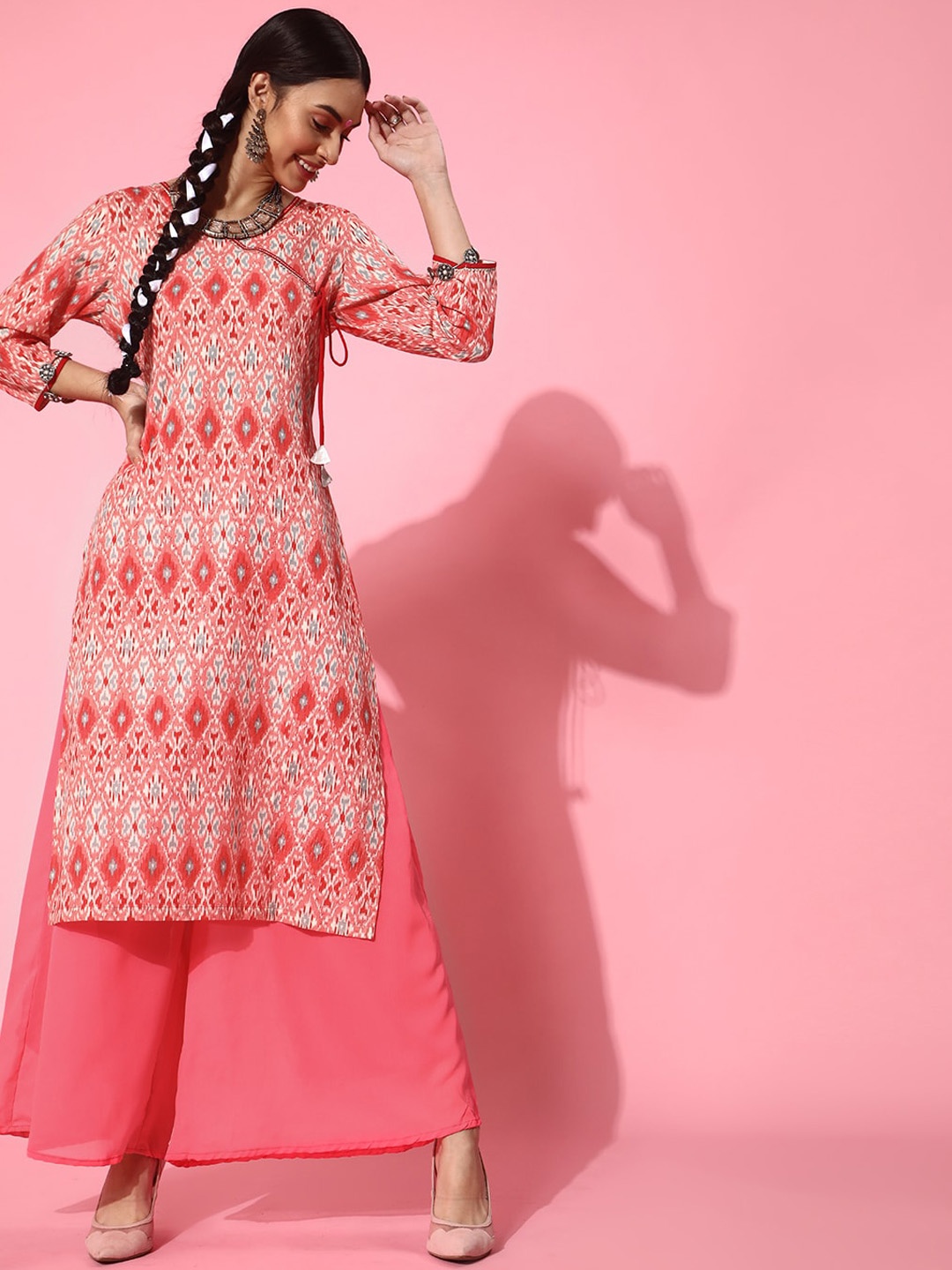 

indo street Ethnic Motifs Printed Pure Cotton A-Line Kurta, Pink