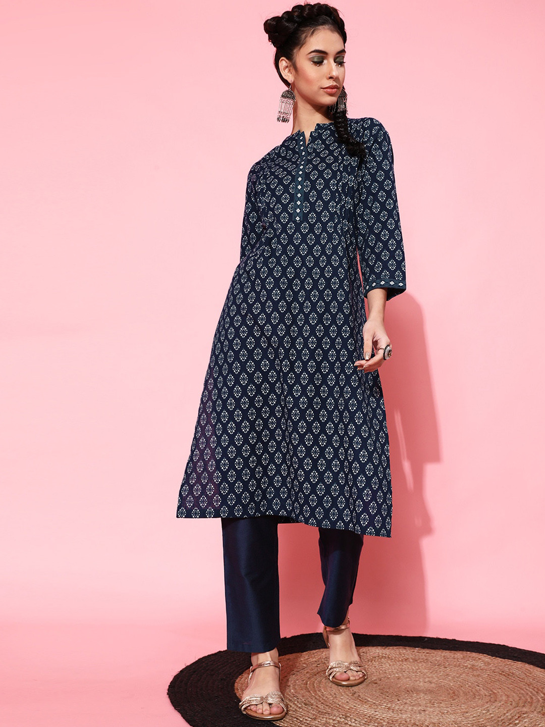 

indo street Ethnic Motifs Printed Band Collar Pure Cotton Kurta, Blue